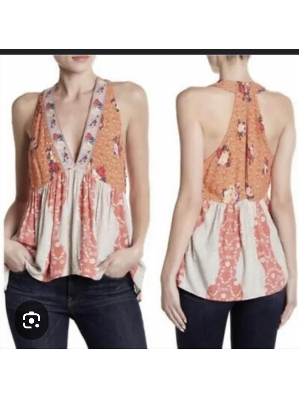 "Free People' Dream Darlin Patchwork Pink Sleeveless Tie Front Blouse. Sz.S...